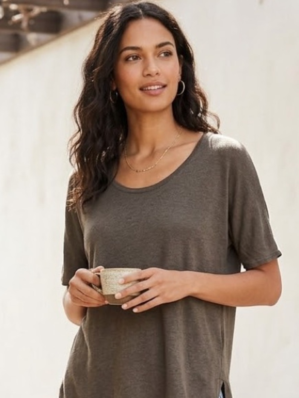 LOFT Olive Scoop-Neck Short-Sleeve Tee Linen Cotton